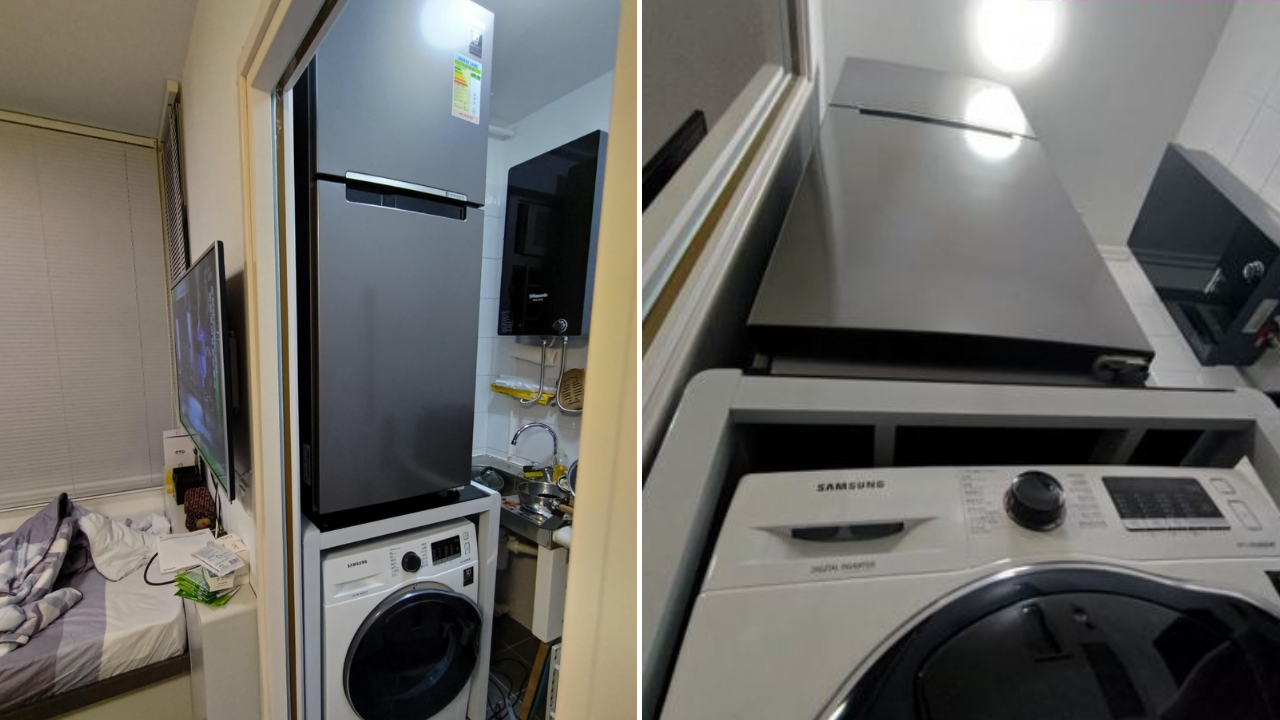 The viral photo shows a two-door refrigerator stacked on top of a washing machine in a unit in Fai Ming Estate, Fanling. Photo: Hong Kong public housing estate discussion forum