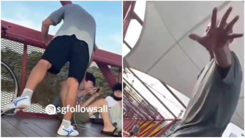 Screengrabs from a video showing a man slapping a boy on Lorong Halus Red Bridge in Punggol. Photos: Sgfollowsall/Instagram
