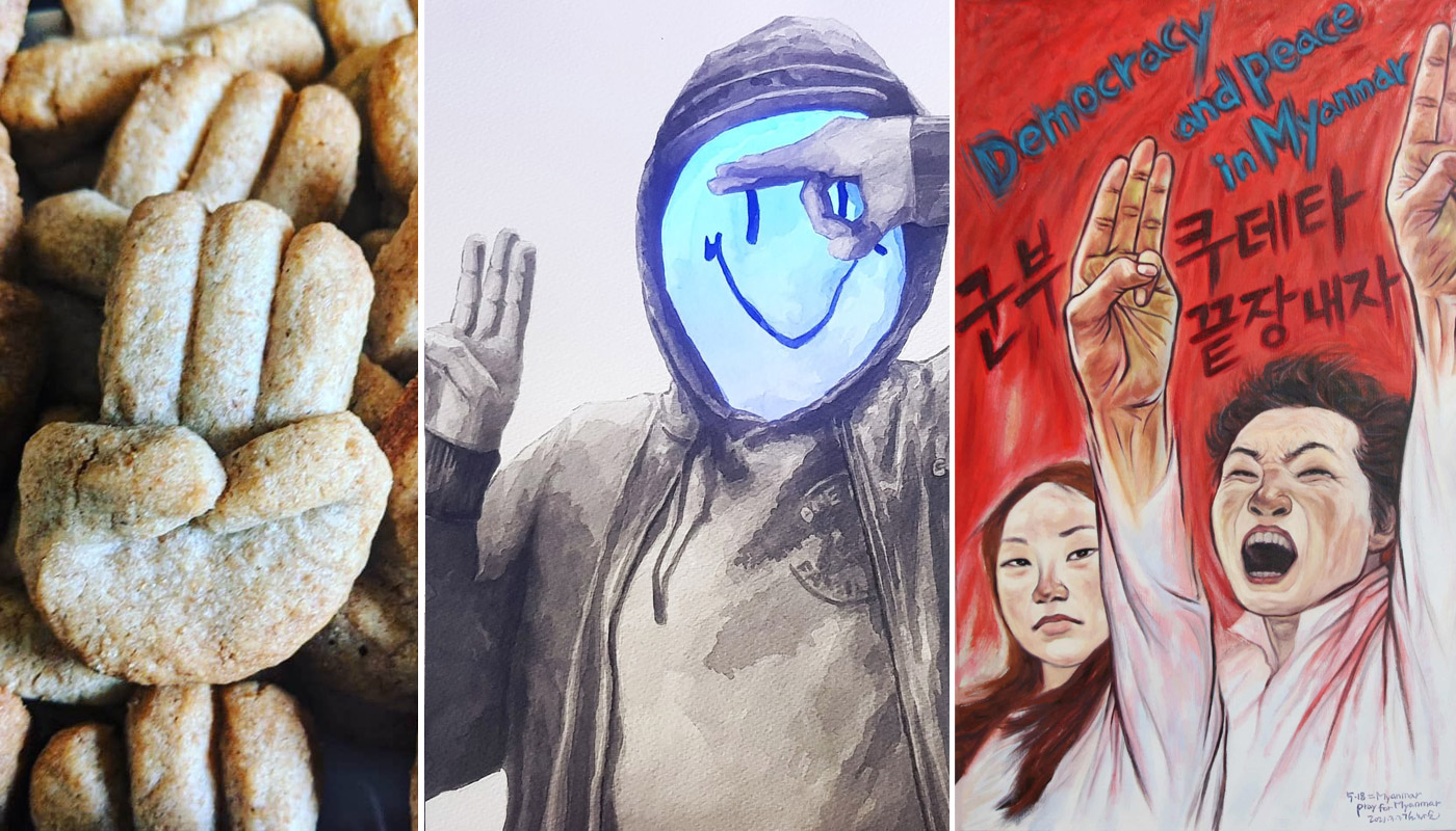 The three-finger salute rendered in bread art attributed to @Cathweth/Instagram, an illustration by Swedish artist Cap, and a painting by South Korean artist Kim Hwa Sun.