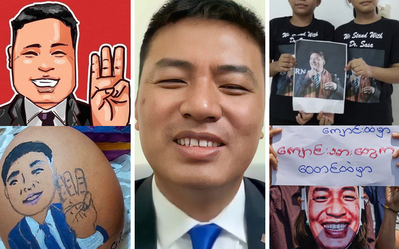 Salai Maung Taing San, aka Dr. Sasa, has become the face of hope for Myanmar’s pro-democracy movement. Images clockwise from top left: We Love Dr. Sasa/Facebook, Voice of America Myanmar, all other images DrSasa22222/Twitter. DrSasa22222/Twitter, unknown egg artist.
