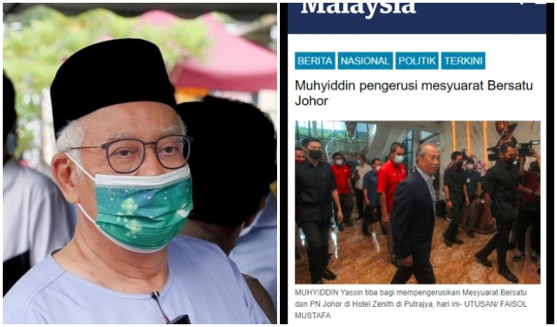 Najib in a photo from 6 May, 2021, and the screenshot he posted of Muhyiddin. Photos: Najib Razak/Facebook
