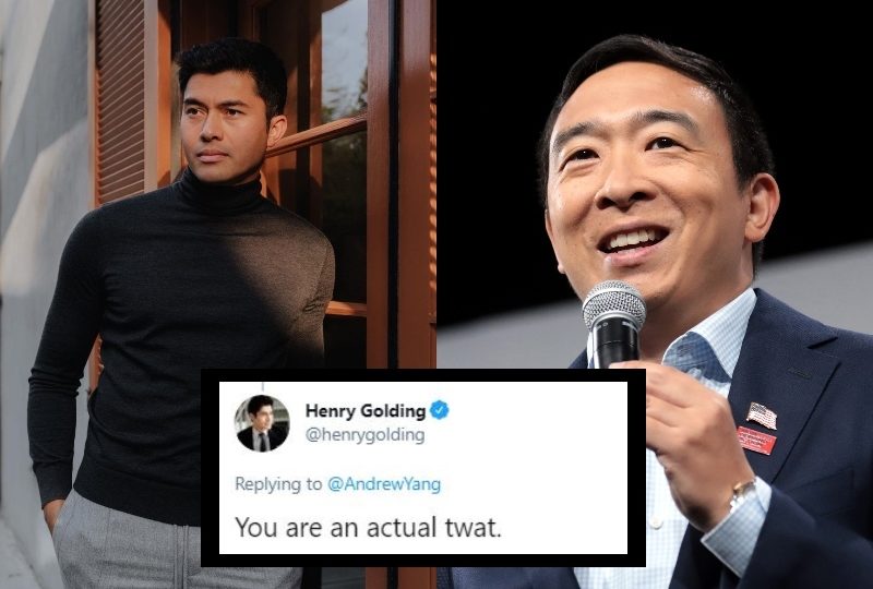From left to right: Henry Golding, Golding’s tweet, and Andrew Yang. Photos: Henry Golding and Andrew Yang/Twitter
