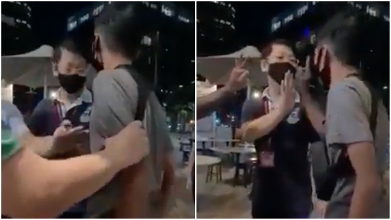Screengrabs from a video of Saturday’s verbal fight at the Lau Pa Sat hawker center. Photos: Mrbrown/Twitter
