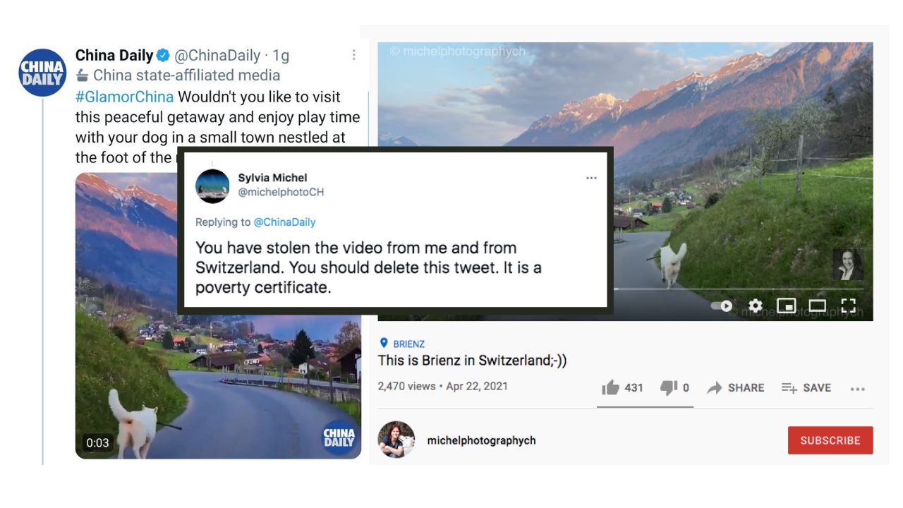 The clip China Daily tweeted was found to have been cropped from a YouTube video filmed by a Swedish photographer. Screenshots via Twitter and YouTube