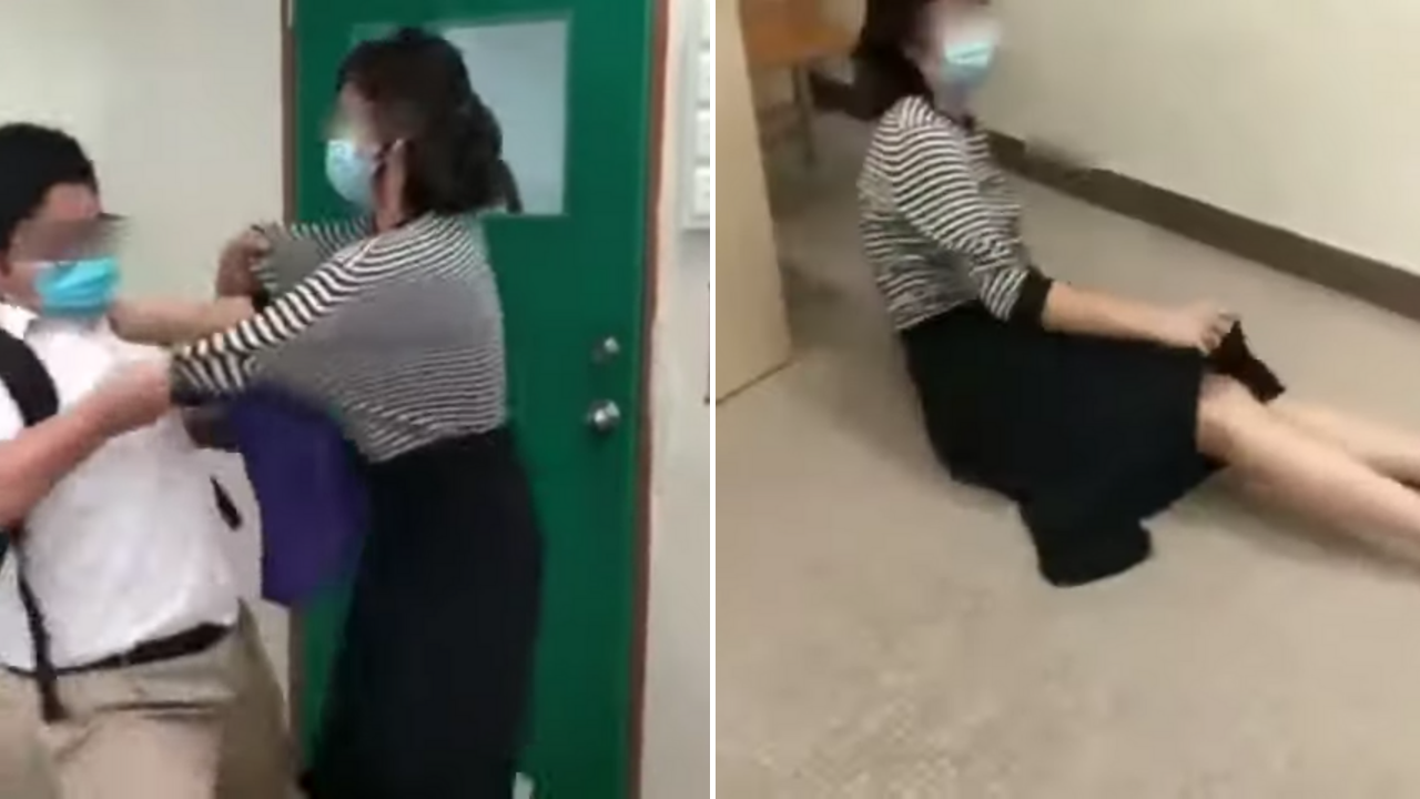 The video shows the student throwing the teacher to the ground after she wouldn’t let him leave the classroom. Photo: LIHKG
