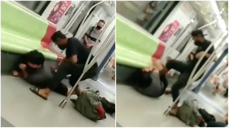 A man beats another aboard a Singapore train on Sunday in screengrabs of a video of the assault. Images: Edward Likes/Facebook
