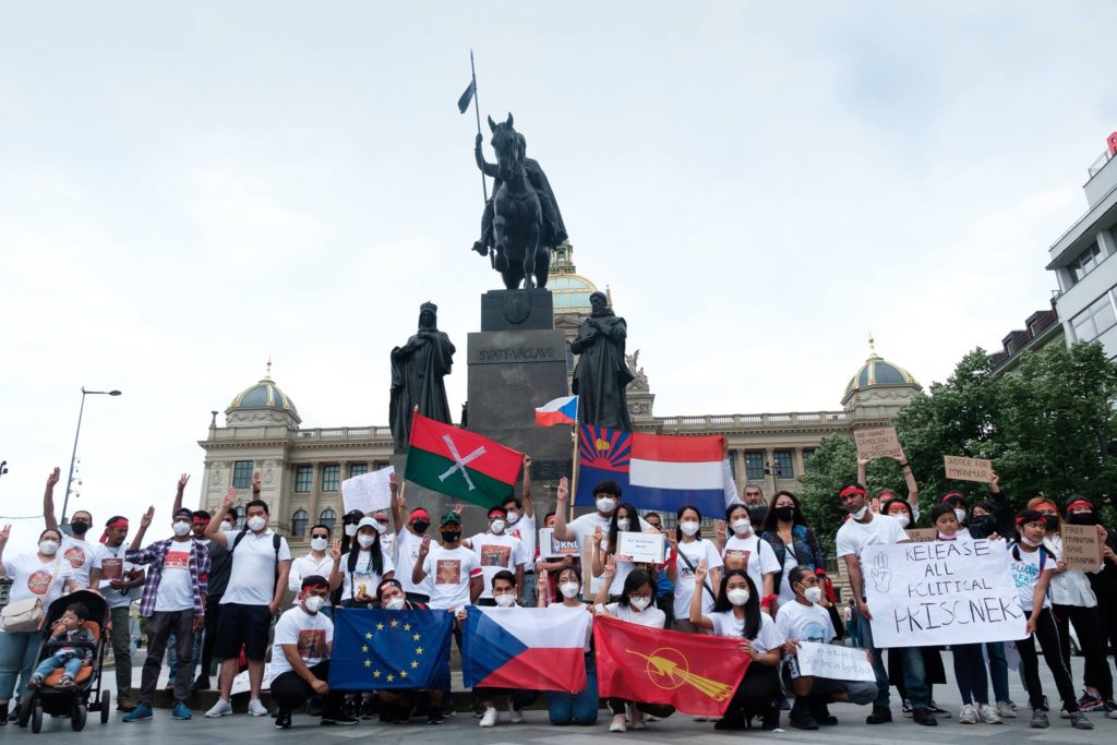 Protestors in Wenceslas Square, Prague, Czech Republic in front of the sculpture of the Czech patron saint St Wenceslas. Supplied by Igor Blazevic. 