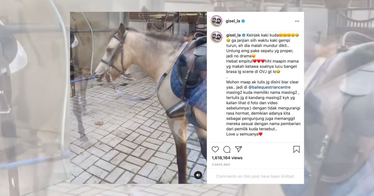 Indonesian singer/actress Gisella Anastasia posted a series of videos showing her 6-year-old daughter, Gempita Nora Marten, riding a horse at an equestrian center in Bali. In the beginning of the video, Gisel asked Gempi the name of her horse, which she answered, “Aisyah.” Screenshot from Instagram/@gisel_la