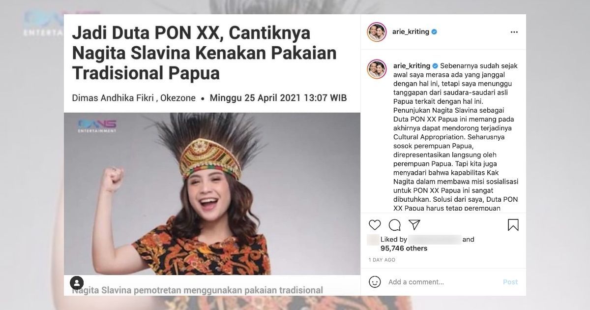 Posting on his Instagram page and Twitter yesterday, comedian Arie Kriting called out the appointment of popular celebrity couple Nagita Slavina and Raffi Ahmad as “icons” of the upcoming National Games (PON) in Papua, with Nagita in particular promoting the event by wearing a traditional Papuan costume in an official photoshoot. Screenshot from Instagram/@arie_kriting