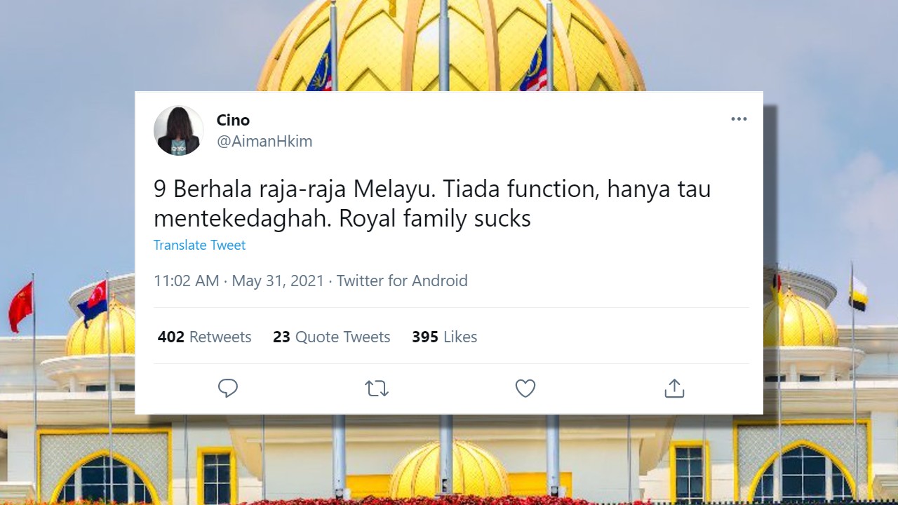 The May 31 tweet by Twitter user Aiman Hakim. Background photo: Istana Negara/Twitter
