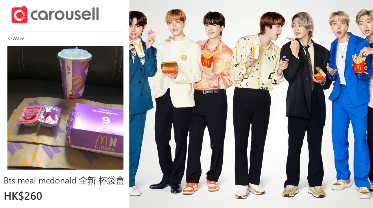 Dozens of listings for cups and paper bags from McDonald’s collaborative meal with BTS have been spotted on Carousell in Hong Kong. Photos: Carousell (left) and McDonald’s (right)
