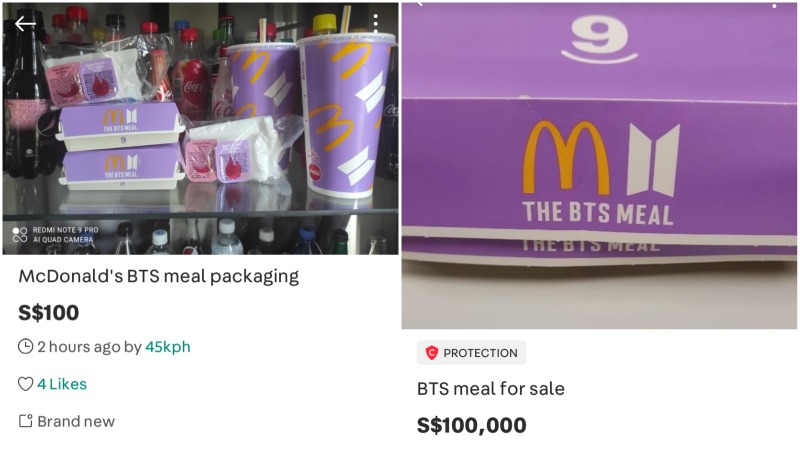 Listings of the McDonald’s meal by Korean boy band BTS on Carousell. Images: Carousell
