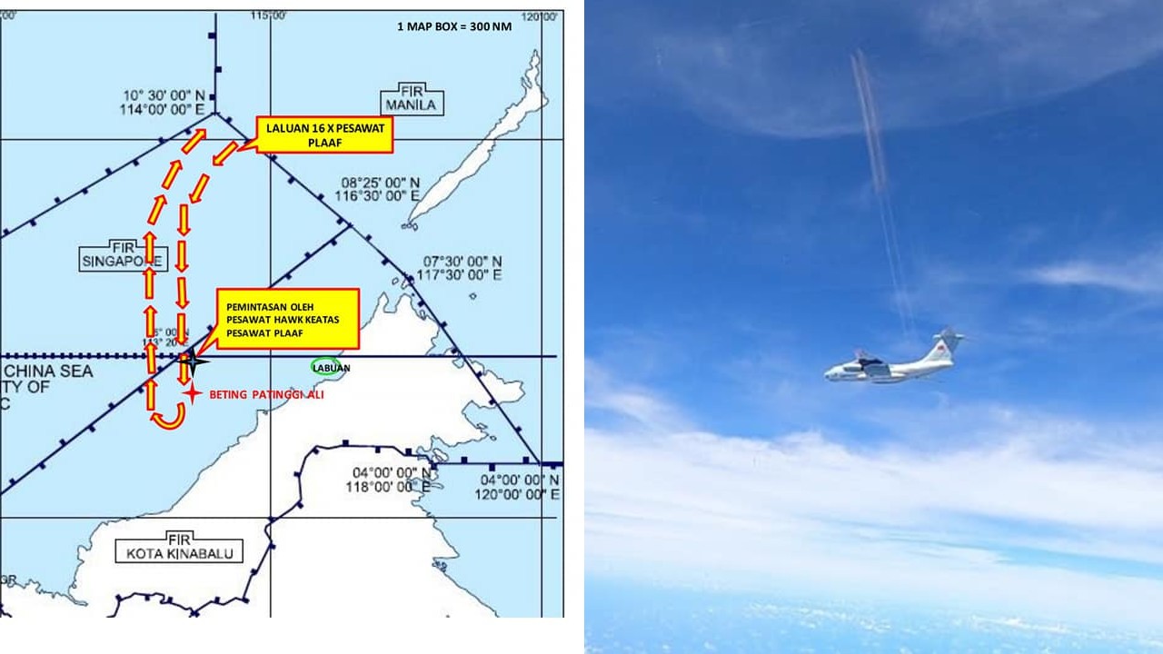 Flight route of Chinese aircraft entering Malaysian airspace, at left, and a People’s Liberation Army Air Force plane, at right. Photos: Tentera Udara Diraja Malaysia/Facebook