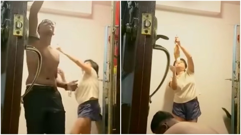 Screengrabs from the video showing a woman aggressively striking a gong. Photo: Livanesh Ramu/Facebook