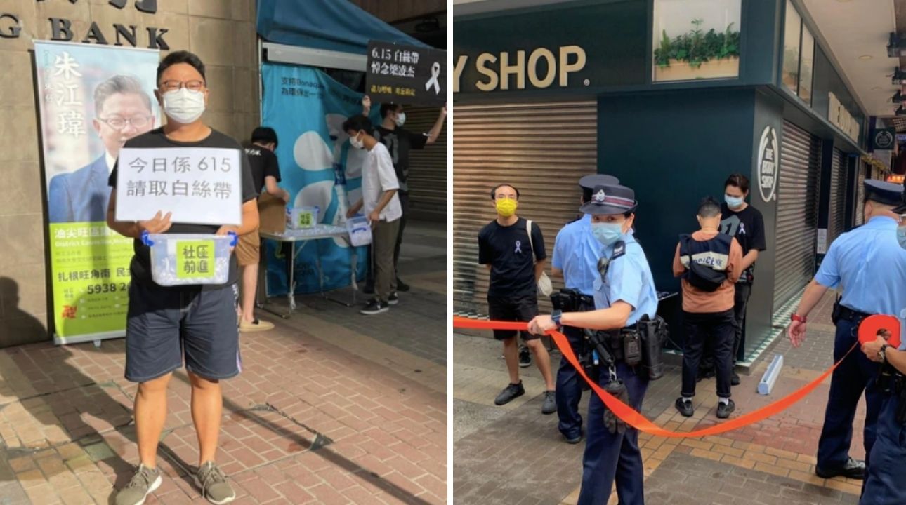 Police sealed off the pro-democracy district councilor’s booth in Mong Kok as he was passing out white ribbons. Photos: Apple Daily