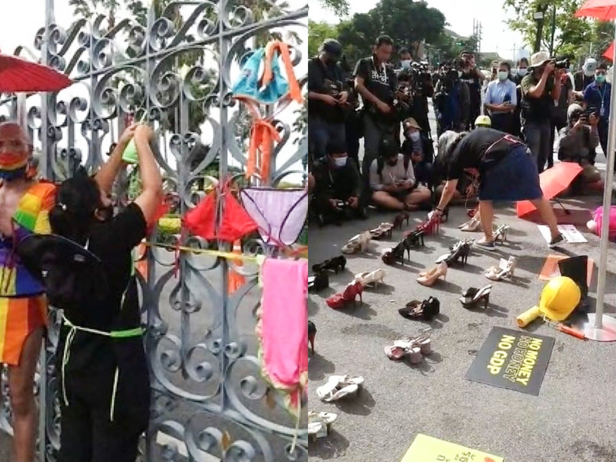 A sex worker ties underpants at the Government House, at left, and sex workers laying high heels in front of the venue, at right. Photos: Empower Chiang Mai / Facebook
