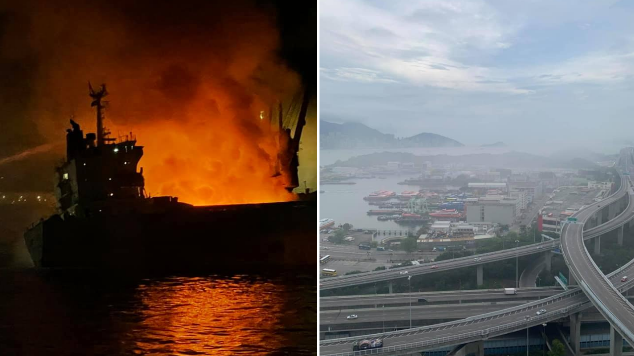 Residents from Sham Shui Po to Kwai Chung said they could smell a toxic, acrid smell in the air after a ship burst into flames on Victoria Harbor in the late afternoon. Photos: Fire Services Dept. (left), Faceobok/Tsang Tsz Ming Douglas (right)