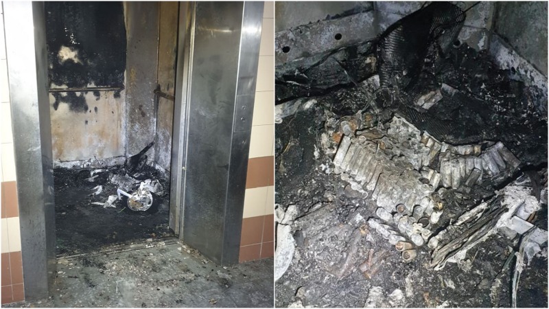 The scorched interior of a lift where a man died Thursday night in a Woodlands housing block. Photos: SCDF/Facebook
