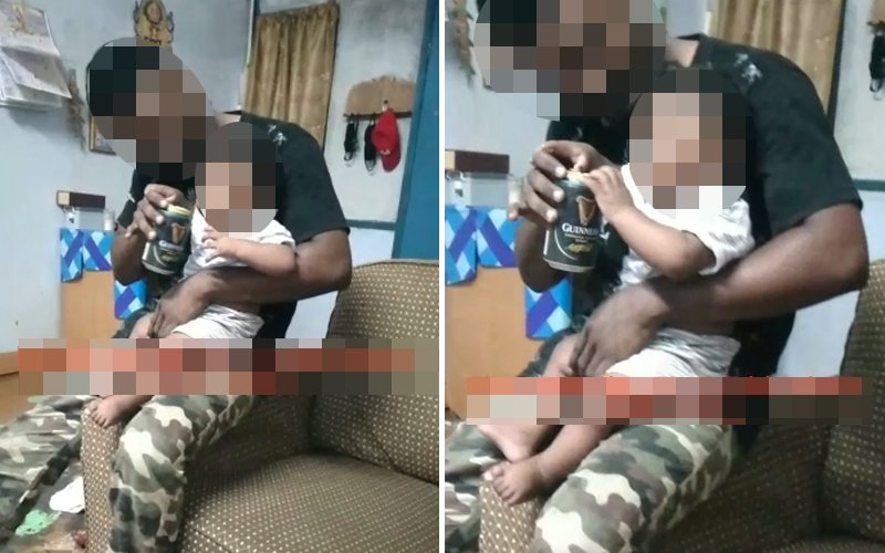 Screenshots of a viral video of a man allegedly feeding a toddler alcohol.