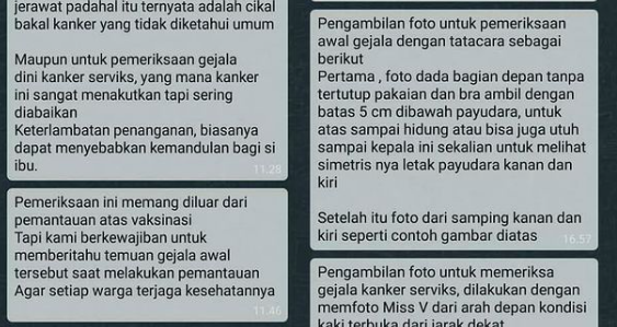 A screenshot of a chat depicting an impostor clinic worker asking for a woman’s nude photos under the guise of post-COVID-19 jab medical evaluation. Photo: Instagram/@info_cegatan_boyolali