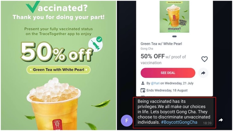 At left, Gong Cha’s drink promotion and a user’s comment boycotting the brand, at right. Images: Gong Cha/Facebook, Wake Up Singapore/Facebook

