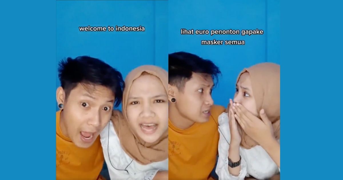 In a 30-second TikTok clip, Yogy Yulianto and Salsa sang their spin on Welcome to Indonesia, comparing Indonesia’s current COVID-19 crisis with the UEFA Euro 2020, where large numbers of maskless spectators are filling the soccer stadiums. Screenshot from TikTok/@yogy_yulianto