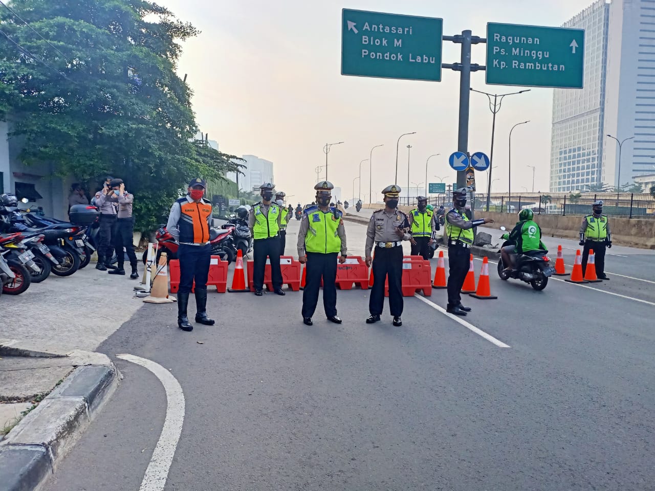 A roadblock set up on Jalan TB Simatupang, South Jakarta. Photo: Twitter/@TMCPoldaMetro