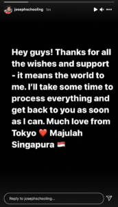 Schooling’s message posted this morning. Image: Joseph Schooling/Instagram