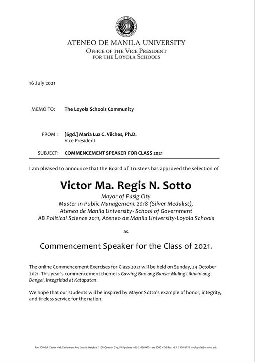 Memo announcing the commencement speaker for Loyola Schools Class of 2021 (ateneo.edu/ls-one/ls-memos)
