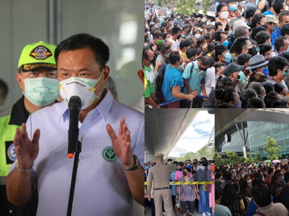 Health minister Anutin Charnvirakul, at left, and images showing crowds at the Bang Sue Grand Station.
