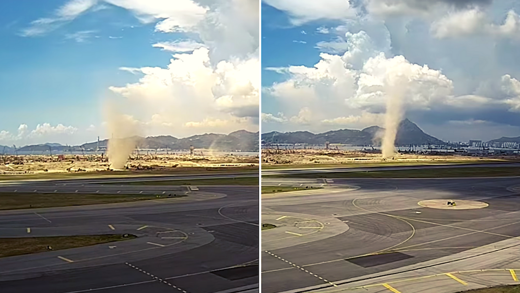 The two dust devils formed just 30 seconds apart at a construction site near the airport. Photos: Facebook/Hong Kong Observatory