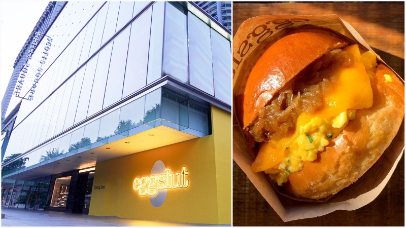 At left, the front of the Singapore forthcoming Eggslut outlet at Scotts Square. The restaurant’s Fairfax sandwich, at right. Photos: Eggslut, Americanabrand
