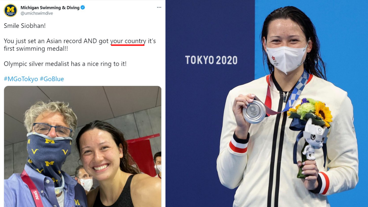 University of Michigan’s swimming and diving page initially referred to Hong Kong as a country in a tweet congratulating the Olympic medalist. Photos: Twitter/umichswimdive (left), Instagram/siobhanhaughey01 (right)
