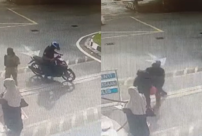 An unidentified man arrives at a police station sentry in Kedah, at left, before approaching and throwing a right jab at a policewoman holding a pink bag, at right, in images from a security camera.
