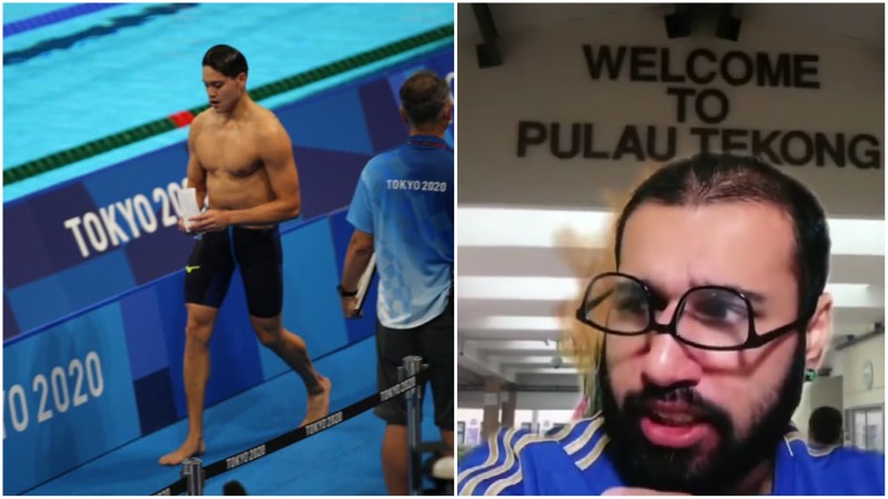 At left, swimmer Joseph Schooling at the Tokyo Olympics, and the comedian who made fun of him, at right. Photos: Edwin Tong/Facebook, Funnypunjabiguy/TikTok
