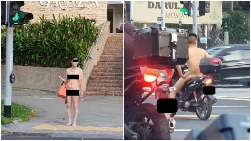 A woman waits at a traffic light in Bedok, at left. A man rides a motorcycle in Jalan Eunos, at right. Photos of unknown provenance.
