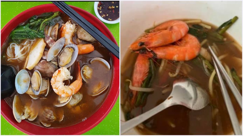 At left, the stall’s prawn noodles with peeled prawns and a photo of unpeeled prawns from the customer complaint, at right. Photos: Deanna’s Kitchen/Facebook
