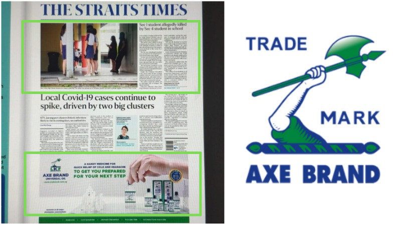 The front page of yesterday’s The Straits Times to the left of the logo of a medicated oil brand. Images: The Straits Times, Axe Brand/Facebook
