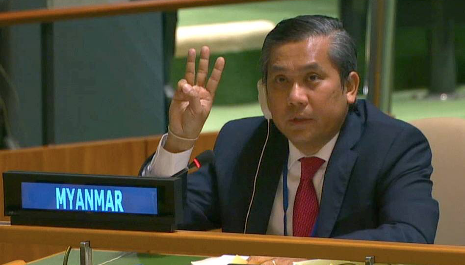 Myanmar’s U.N. representative Kyaw Moe Tun raises a defiant three-finger salute on Feb. 26, 2020, at the United Nations in New York. Image: United Nations TV