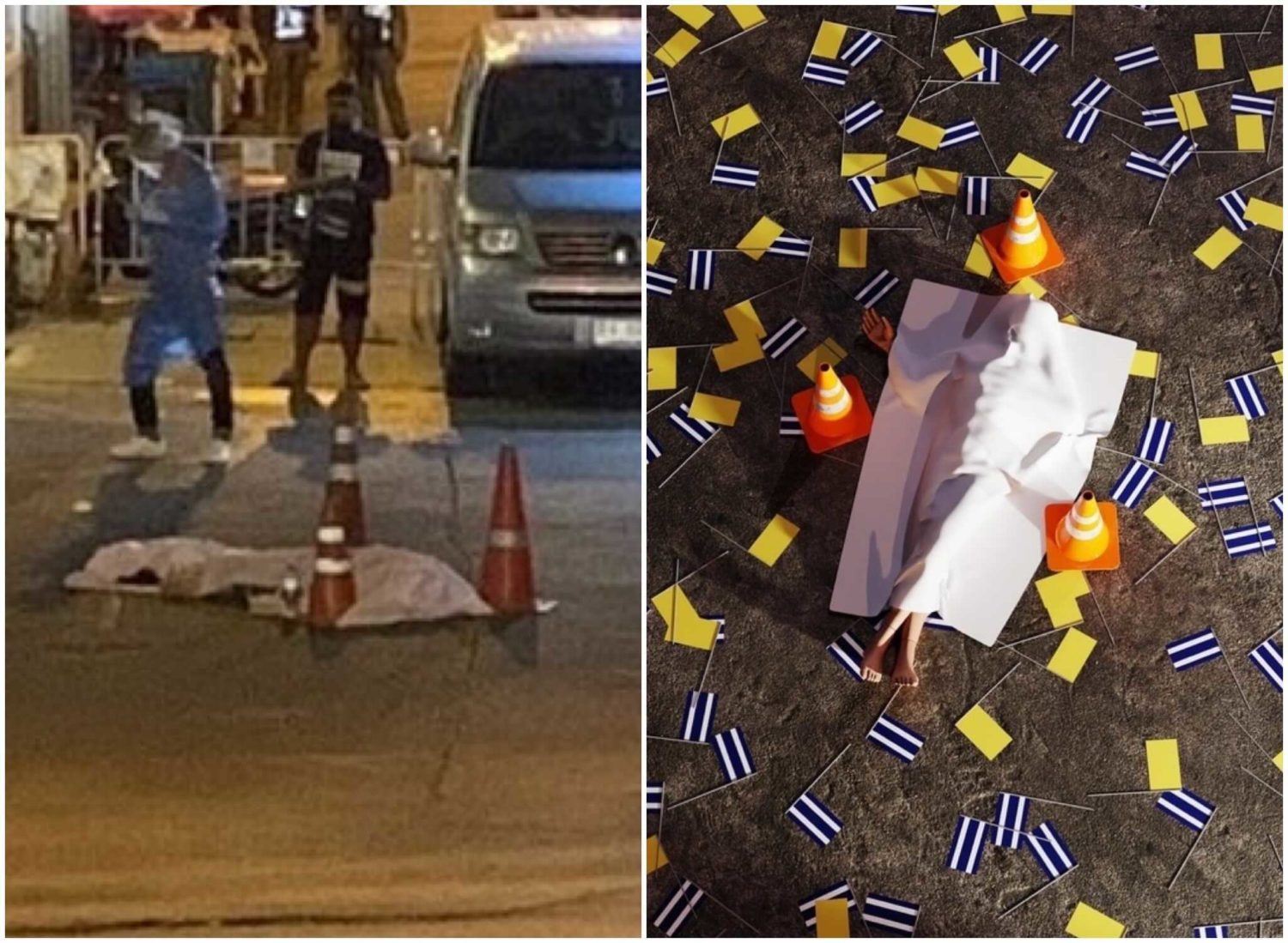 A file photo of a body left in front of Wat Bowonniwet in Bangkok’s Phra Nakhon district on Tuesday night, at left, and an illustration by Uninspired by Current Events, at right.