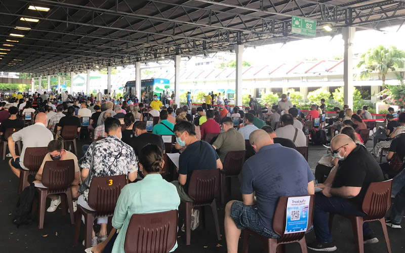 Jab Me Up: Sunday’s crowd at SCG headquarters in Bangkok’s Bang Sue district waits to receive a free dose of the AstraZeneca vaccine courtesy of the Thai government. 