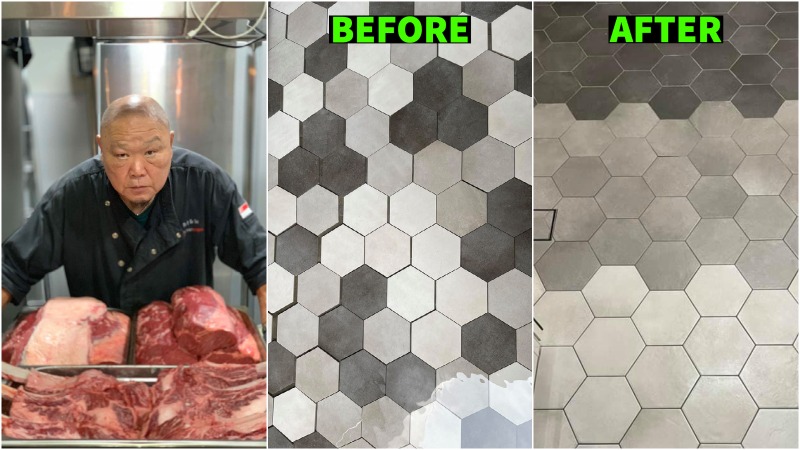 Restaurateur Benny Se Teo in a 2019 photo, at left. His before-and-after tile photos, at right. Photos: Benny Se Teo/Facebook
