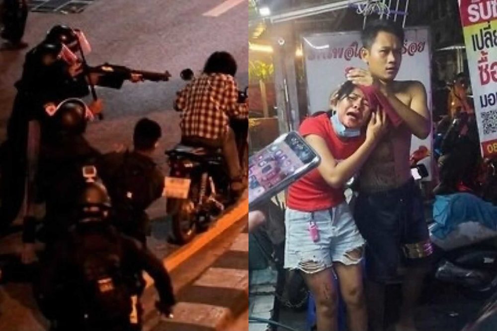 A riot cop takes aim at close range to a civilian Sunday in an image broadcast by Voice TV, at left. A woman wounded by a gunshot wound from a nonlethal round to the head on the same day, at right.

