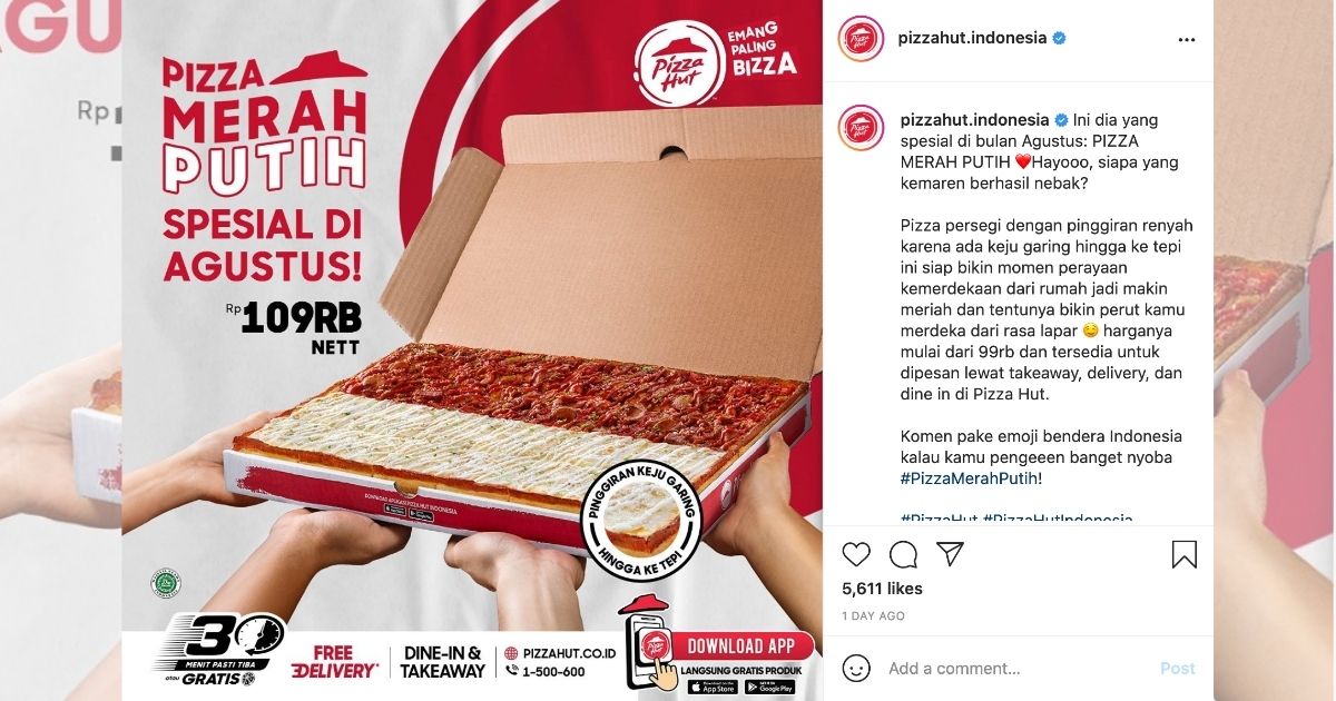 Celebrate Indonesia’s Independence Day with a patriotic pizza dinner, as popular pizza chain Pizza Hut has just launched a limited red-and-white pizza resembling the country’s flag. Screenshot from Instagram/@pizzahut.indonesia