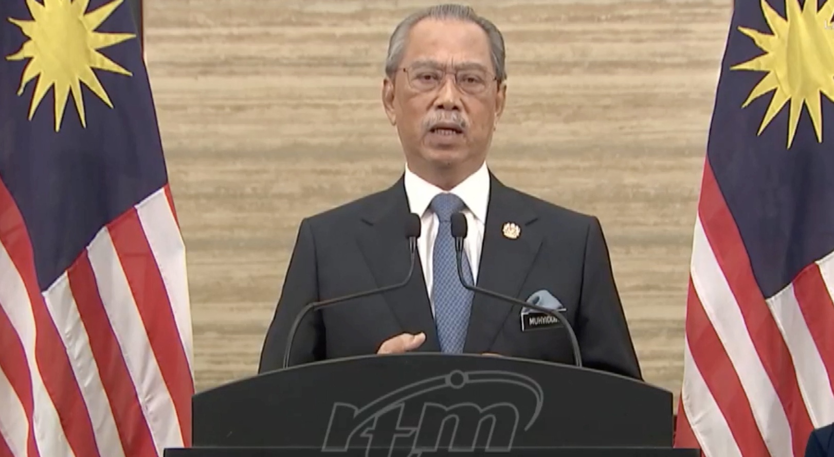 Muhyiddin Yassin addresses Malaysians in a televised address on Aug. 16, 2021. Photo: RTM 