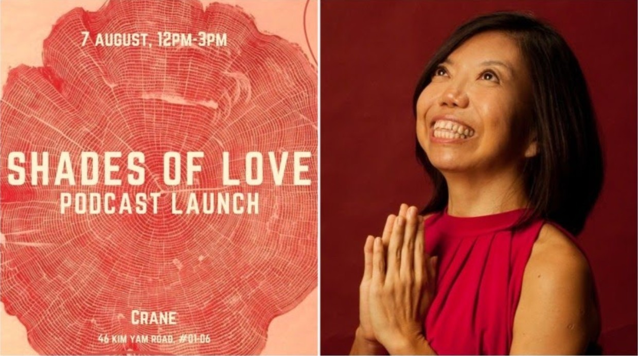 At left, a promotional image for the ‘Shades of Love’ podcast. Its host, Anthea Ong, at right. Images: 50shadesoflove.org