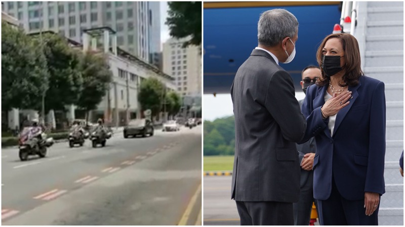 At left, the grand police escort upon arrival of Harris and her with Foreign Affairs Minister Vivian Balakrishnan at Paya Lebar Air Base, at right. Photos: Roads.sg/Facebook, Vice President Kamala Harris/Twitter
