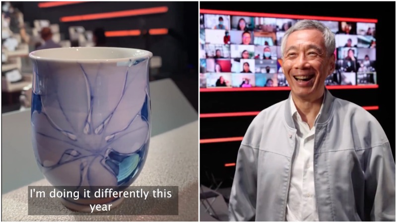 At left, Lee Hsien Loong’s cup that went viral in the past year, and him all happy at the Mediacorp Studios, at right. Photos: Prime Minister’s Office
