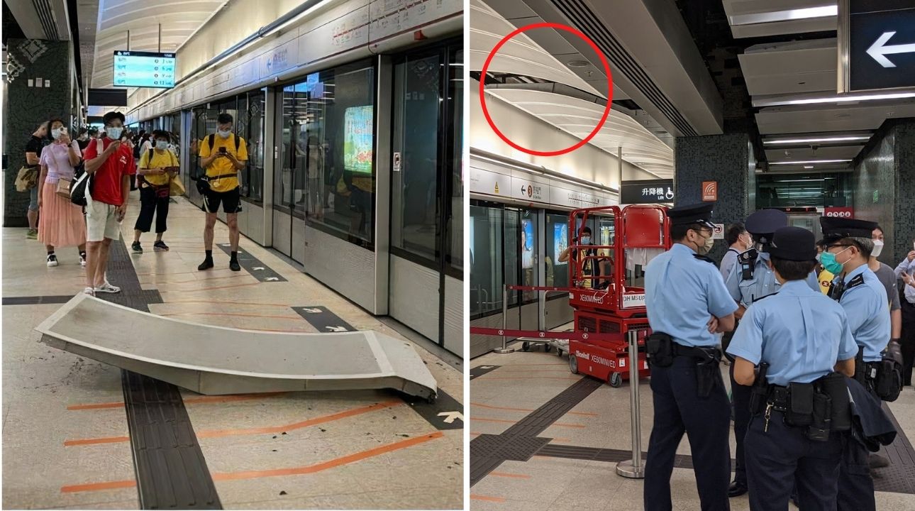 The piece of ceiling fell onto the Tuen Ma Line platform at Diamond Hill MTR station. Photos: Facebook (left), Twitter/MTR Service Update (right)