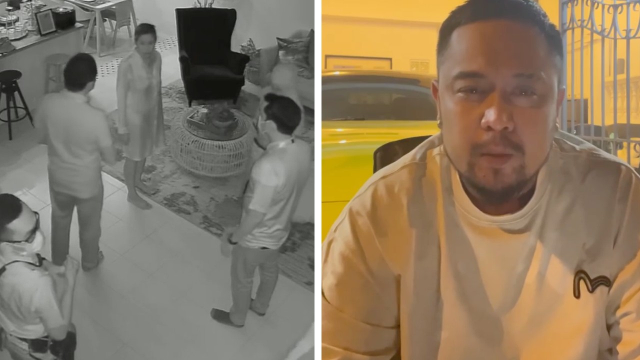 Surveillance footage of officers speaking to Nick Mikhail’s wife in their home, at left, the former actor on Instagram live, at right. Photo: Nick Mikhail/Instagram